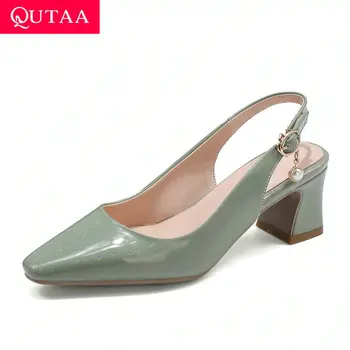 

QUTAA 2020 PU Leather Slingback Summer Women Shoes Square High Heel Pointed Toe Sandals Back Strap Buckle Ladies Pumps Size34-43