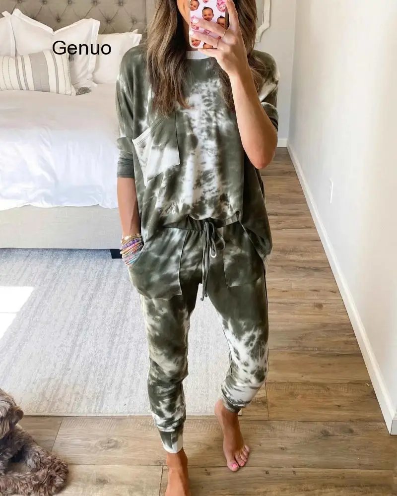 Summer 2020 Pajama Set Tie Dye Sleepwear Women Nightwear Long Sleeve Top Drawstring Pants 2 Pieces Loungewear Dropshipping charming white soft lace bridal nightgowns appliques long sleeves wedding dresses illusion sleepwear bridal boudoir robes