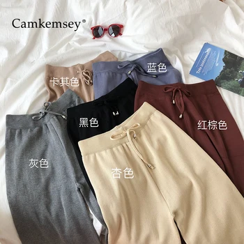 

CamKemsey Spring Knitted Wide Leg Pants Women 2020 Korean Solid Elastic High Waist Casual Knit Straight Trousers