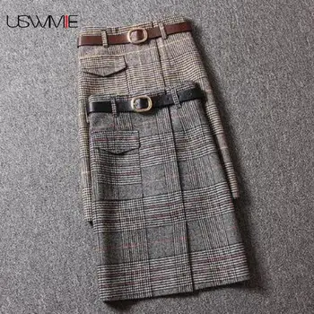 

Spring Autumn Plaid Women Wool Skirts Fashion Vintage Slim Lady Elegant Straight Skirts Casual Streetwear Female Bottoms Skirt
