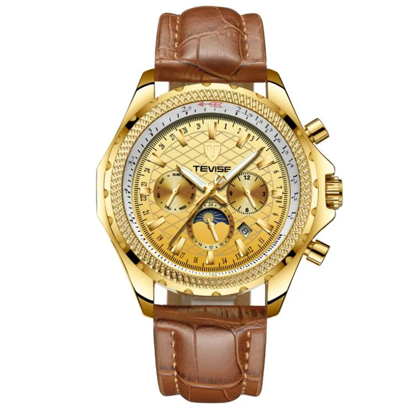 Automatic Mechanical Mens Watches Top Brand Luxury Golden Clock Moon Phase Date Stainless Steel Strap Military Wristwatch - Цвет: Leather 01
