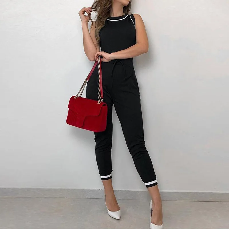 

Contrast Binding Tie Waist Casual Jumpsuit Women Rompers Sleeveless Summer One Piece Overall