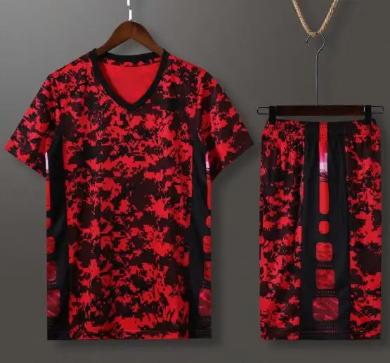 Black red Подростковая баскетбольная майка с коротким рукавом, комплект для взрослых, камуфляжная баскетбольная форма с v-образным вырезом, тренировочный костюм, быстросохнущая спортивная одежда - Цвет: Black red