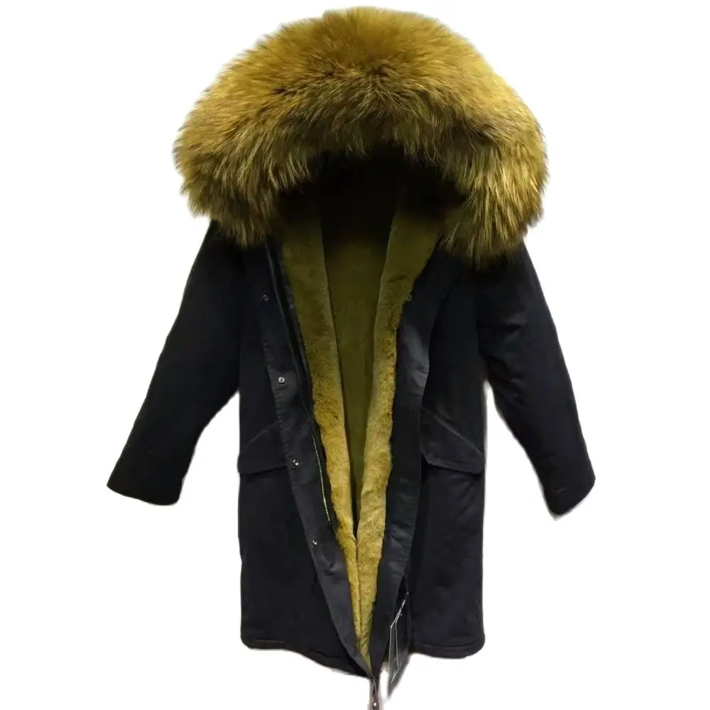 

Black Grass Green Fur Parka For Mr Winter Wear, Long Down Fur Jacket With Real Remove Fur Hoodies