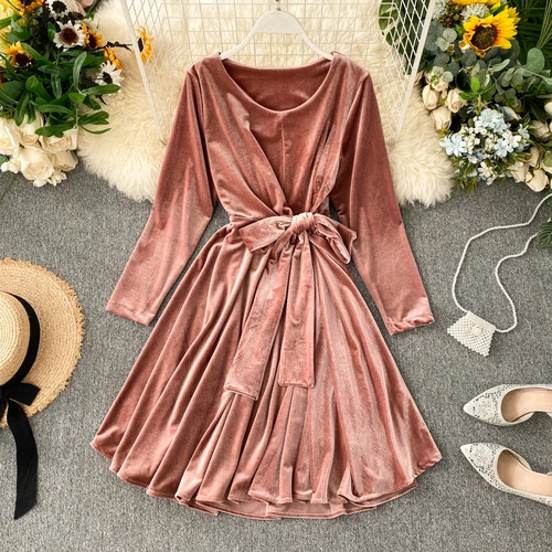 Gagarich женское платье в стиле ретро с длинным рукавом и сексуальным О-образным вырезом и поясом, Золотое бархатное женское элегантное платье, однотонное Vestidos Verano - Цвет: Розовый