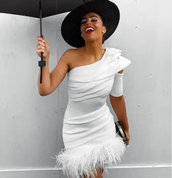 

2020 Women Sexy One Shoulder Designer Feathers White Black Bandage Dress Elegant Evening Celebrity Chic Party Dress Vestido