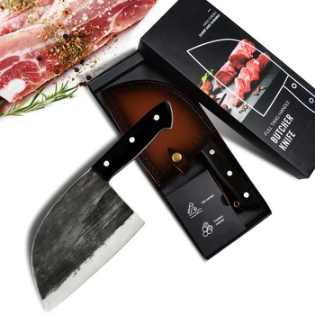 

Qing Handmade Forged High-carbon Clad Steel Camping Butcher Knife Chinese Clever Kitchen Knives with Leather Sheath Gift Box