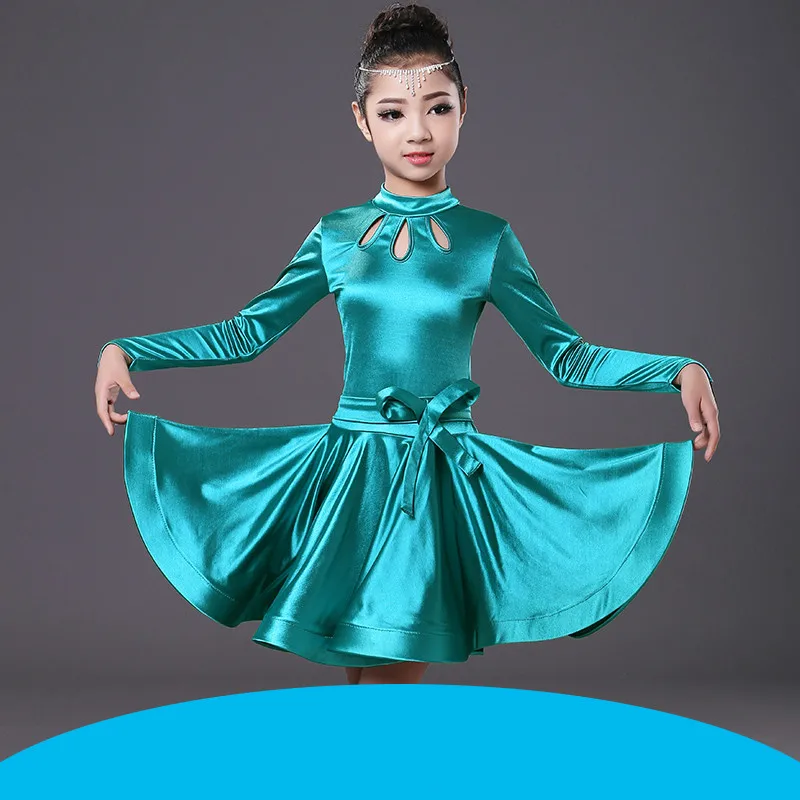 long sleeve green Детское профессиональное платье для латинских танцев с длинным рукавом для девочек ча Румба Самба танец одежда Детский бальный костюм для танцевального конкурса - Цвет: long sleeve green