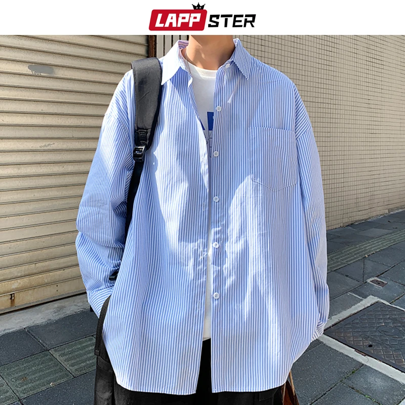 

LAPPSTER Men Korean Fashions Long Sleeve Shirts 2023 Spring Mens Striped Blue Vintage Shirt Male Cotton Button Up Blouse 5XL
