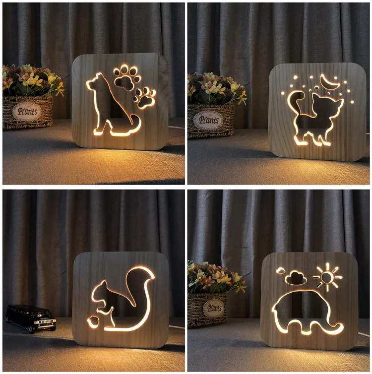 3D Деревянный ночник Собака Кошка Животное люминария деревянная лампа USB питание настольная лампа украшение спальни дети Рождество подарок на год
