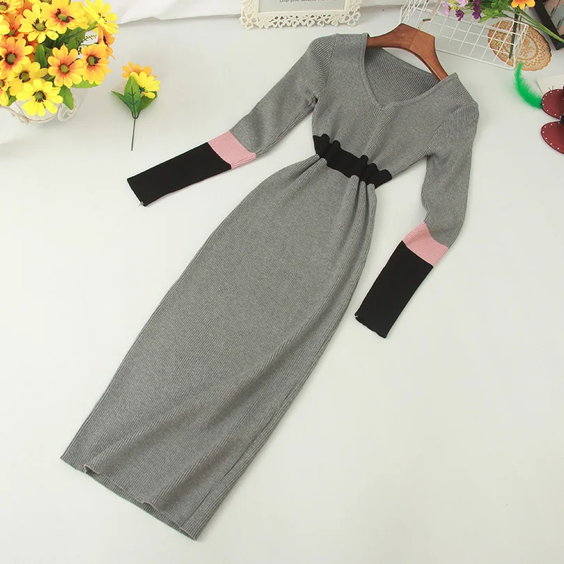 

Taotrees Autumn Waist Colorblock Round Neck Long Sleeve Knit Slim Fit Hip Dress Female