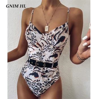 

GNIM One Piece Bikini Swimwear Women Push Up 2020 Print Swimsuit With Belt Summer Backless High Cut Swimming Suit For Women New