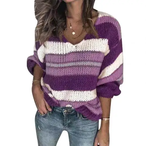 Зимний женский свитер с v-образным вырезом в минималистическом стиле, модный вязаный Повседневный свободный свитер с цветными блоками, пуловер для женщин nouveaute2019 - Цвет: Фиолетовый