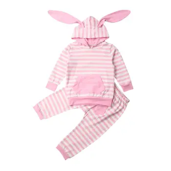 

Infant Baby Girl Autumn Long Sleeve Cartoon Striped Bunny Ears Hooded Sweatshirt Long Pants Clothes Set