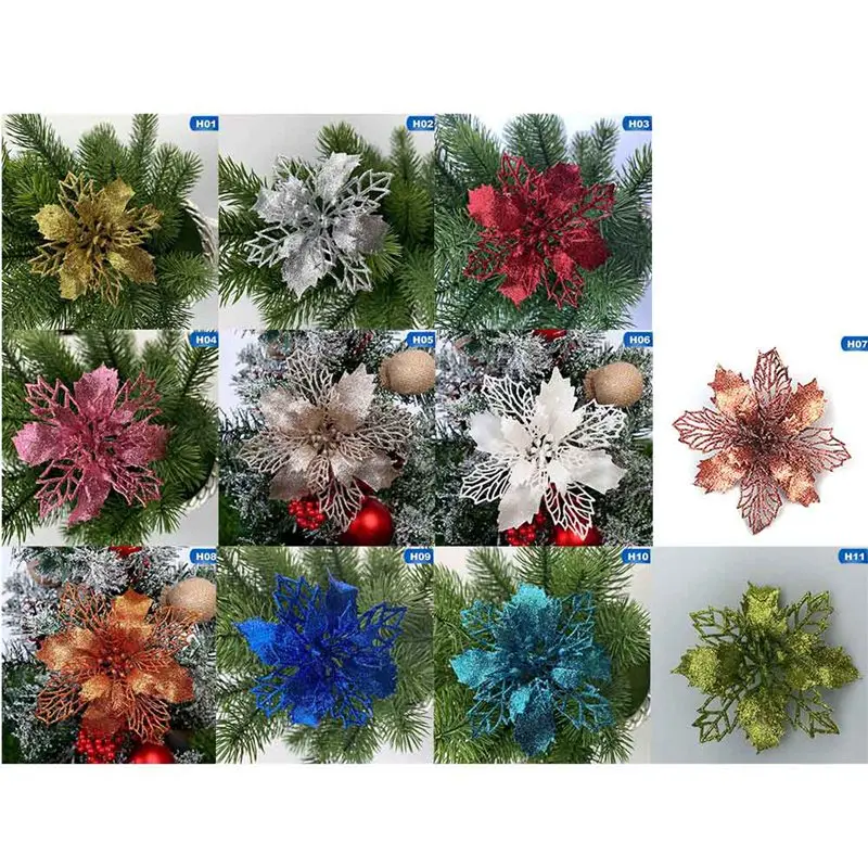 Большие искусственные цветы для рождественского декора блестки Poinsettia поддельные цветы DIY дома Рождество Новогоднее украшение цветок свадьба