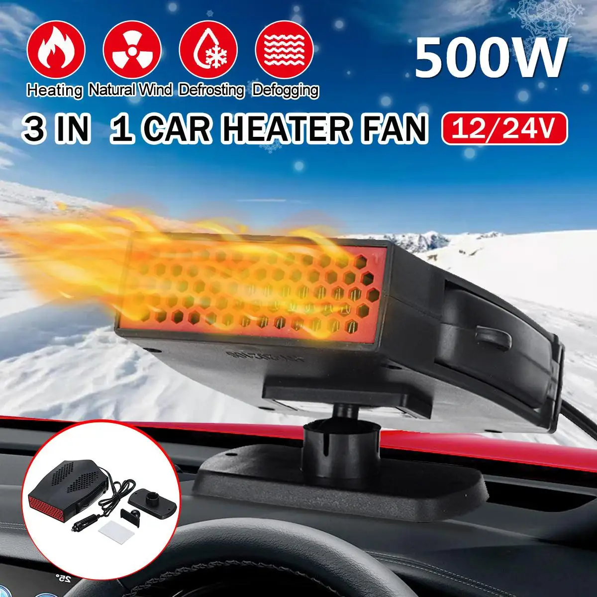 500W 12V Portable Electric Car Heater Heating Dryer Fan Defroster Demister Warm 