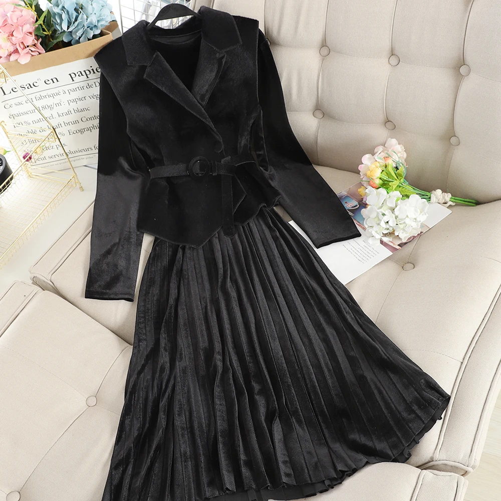 SINGRAIN Women Long Pleated Velour Dress+Fur Vest Outerwear Fashion Warm Office Party Midi Dress Winter Two Pieces Velvet Dress - Цвет: black