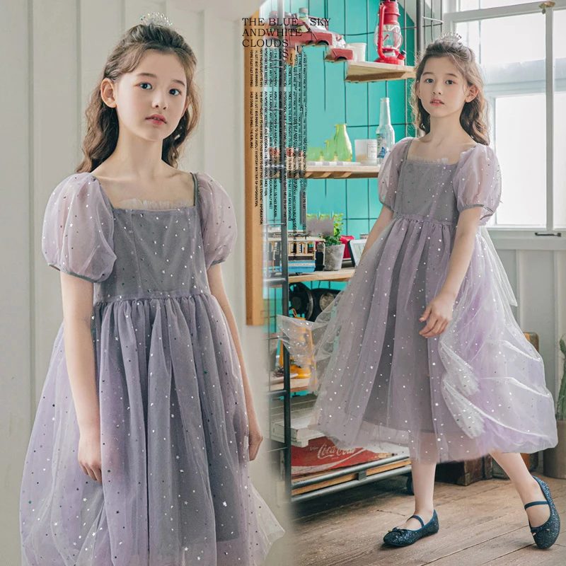 Kids Dresses for Girls Dress Star Sequins Teenage Girls Princess Dress Summer Short Children Costume 10 12 13 Years Ball Gowns