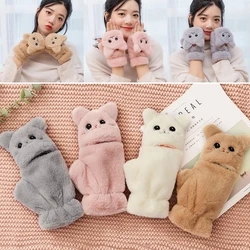 Winter Warm Soft Rabbit Fur Knit Mittens Women Flip Half finger Driving Gloves Plush Thick Cute Cat Touch screen Gloves