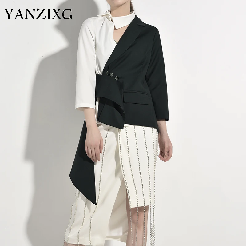 

Loose Fit Greend Split Joint Asymmetrical Jacket New Lapel Long Sleeve Women Coat Fashion Tide Autumn Winter 2019 S121