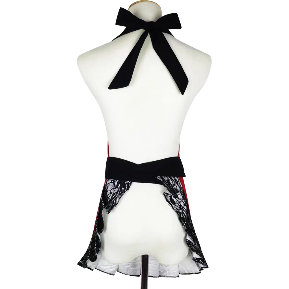 Cotton Red Black Lace Flirty Apron with Pocket, Fun Retro Sexy Cooking Pinup Aprons for Women Girls Waiter C1A2