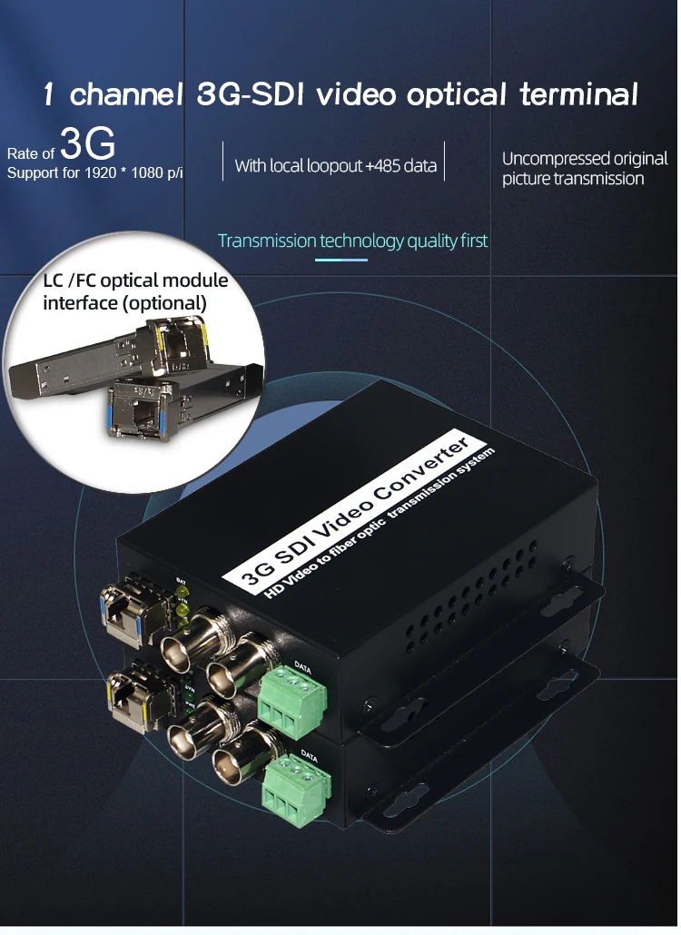 1-канальный 3g SDI в оптоволоконный конвертер с петлей-выходом и RS485, 3g SDI по оптоволоконным медиаконвертерам поддерживает 1080P и цифровое кино