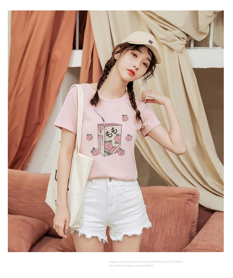 Summer New Pink Fashion Korean Style Women's Japanese Peach Juice Drink Print Harajuku Vogue Casual Loose Kawaii Female T Shirt