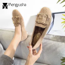 brand designer metal decoration mink fur flats women square toe mules comfy plush winter loafers gold buckle furry moccasins C67