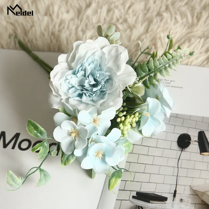 Blue Искусственные цветы мелдель из шелка, камелии, розы, длинный пластиковый стебель, Свадебный настенный стол, искусственные цветы, ткань, искусственные цветы, декоративная ваза для дома - Цвет: Blue