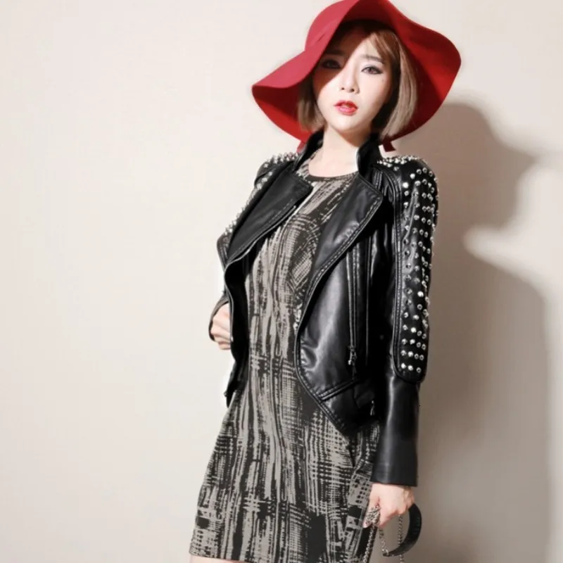 Women Short Studded PU Leather Jacket Rock Slim Fit Rivet Jackets Female Punk Motor Biker Faux Leather Coat Women Party Clubwear