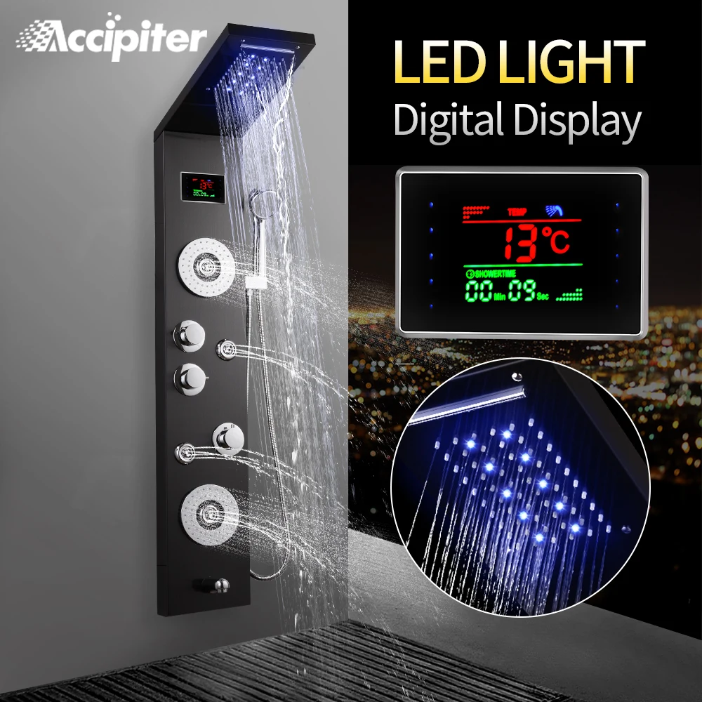 

Stainless Steel Wall Mounted Shower Panel 4 Function Waterfall Rainfall Massage Jets shower set with Handle Shower with LED