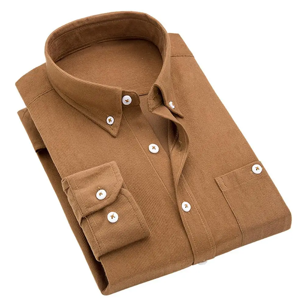 

Men Vintage Turn Down Collar Corduroy Buttons Plus Size Business Slim Shirt