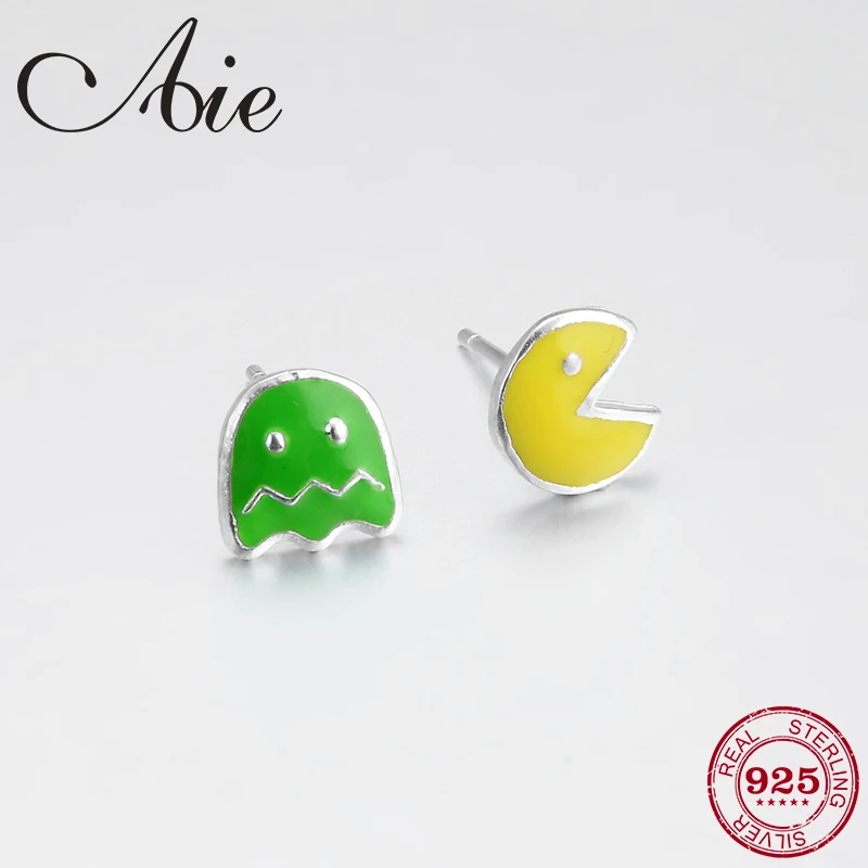 Authentic 925 Sterling Silver yellow green enamel Elf Fighter shape DIY fine girl Stud Earrings fashion luxury Jewelry | Украшения и