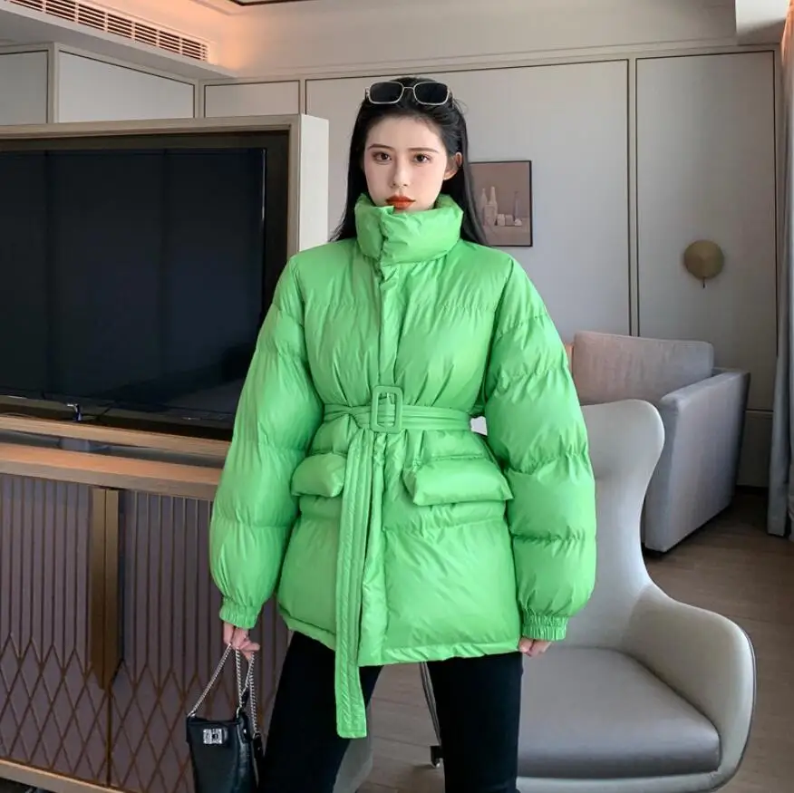 green Модные теплые парки с поясом, корейское одноцветное зимнее пальто со стоячим воротником, женская Свободная куртка на молнии со шнуровкой, r2321 - Цвет: green