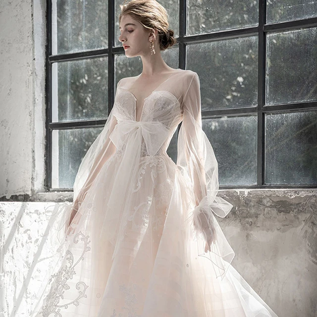 LDR84 White Elegant Wedding Dress 2021 New Long Sleeve Transparent Lace Dress Women's Super Fairy Mori Style Banquet Ball Gown 4