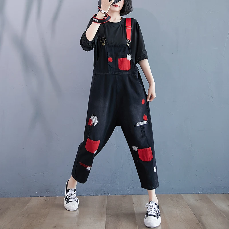 Fashion Streetwear Black Red Denim Overalls Women Autumn Pockets Ripped Mom Jeans Jumpsuit Loose Big Size Straps Baggy Pants