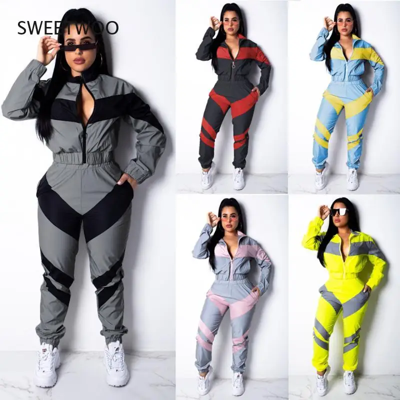 2021 Spring and Autumn Two-Piece Women's Solid Color Two-Color Stitching Long-Sleeved Windbreaker Suit Trousers Without Pockets denim jumpsuit metal buckle strap large pockets women loose straight jumpsuit streetwear new 2021 spring autumn overall