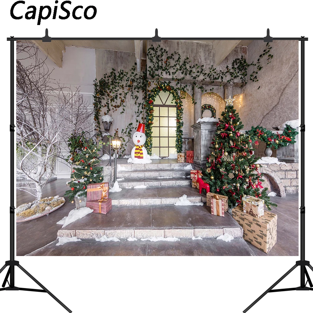 

Capisco Photography Background Winter Christmas Photocall Castle Windows Xmas Tree Backdrop Snowman Gift Photo Shoot Props