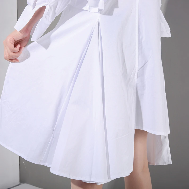 [EAM] Новое весенне-летнее платье-рубашка с длинными рукавами и лацканами, белое платье с оборками, платье-рубашка с разрезом, женская мода, WF3260