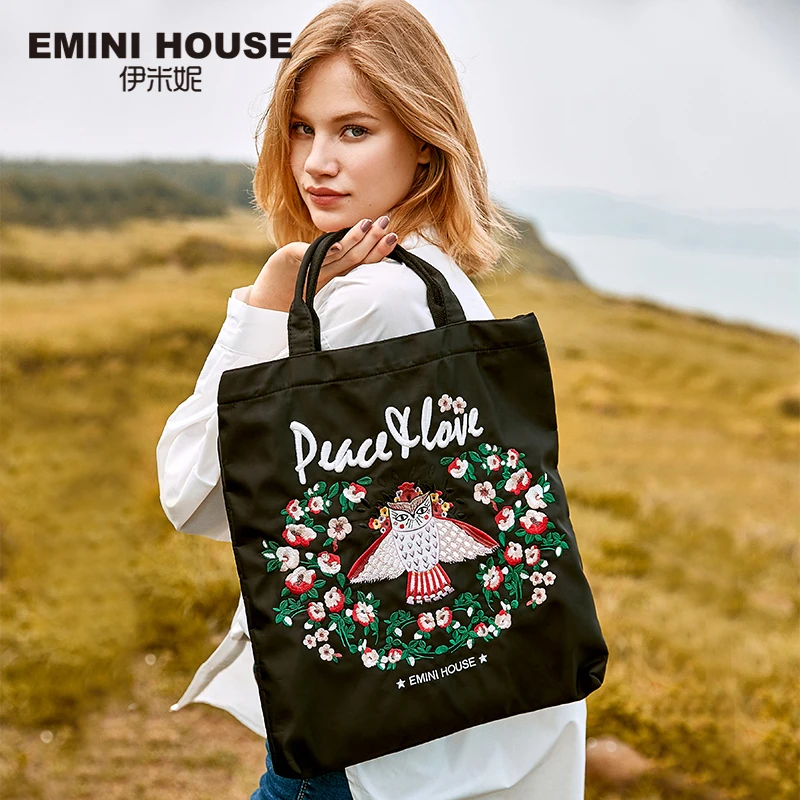Вместительная сумка для покупок EMINI HOUSE с вышивкой складная женская тоут сумки