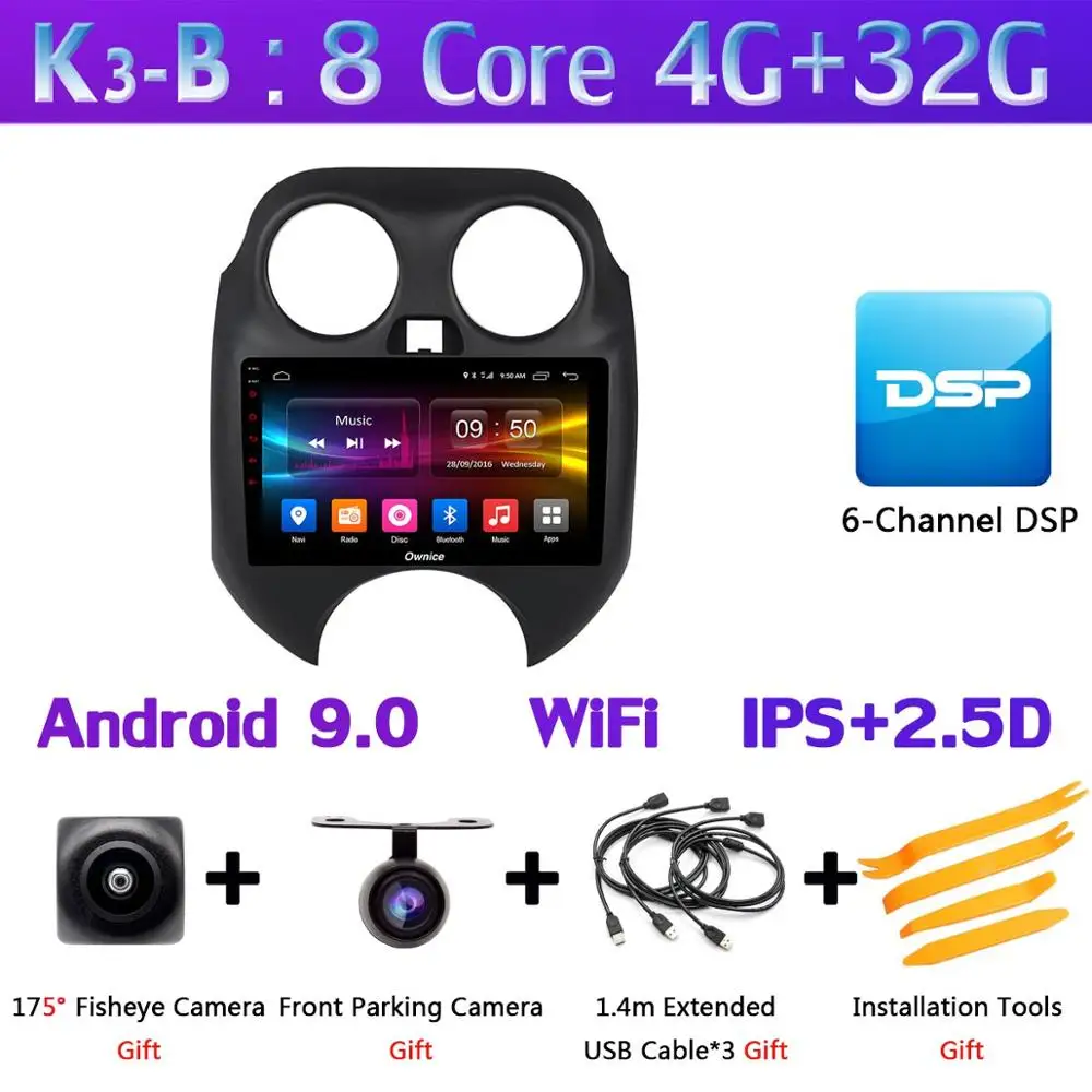 K3-B 360°Panoramic Android 9,0 4+ 64G gps радио CarPlay DSP Автомобильный мультимедийный плеер для Nissan March Micra 2010 2011 2012 2013 - Цвет: K3-B