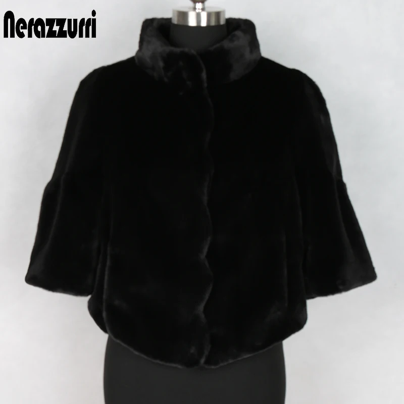Black Nerazzurri короткая женская куртка из искусственного меха Новое поступление расклешенный рукав стоячий воротник половина рукава размера плюс искусственный мех пальто осень - Цвет: Black