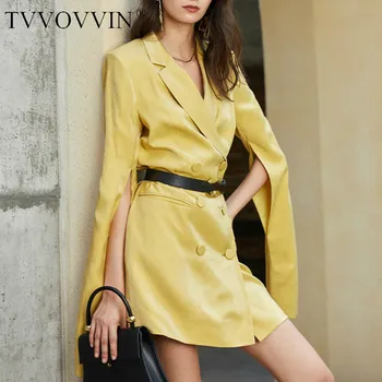 

TVVOVVIN Autumn 2020 New Spring Fashion Turn-down Collar Double Breasted Long Sleeve Solid Color A-line Casual Women Dress 2BHU