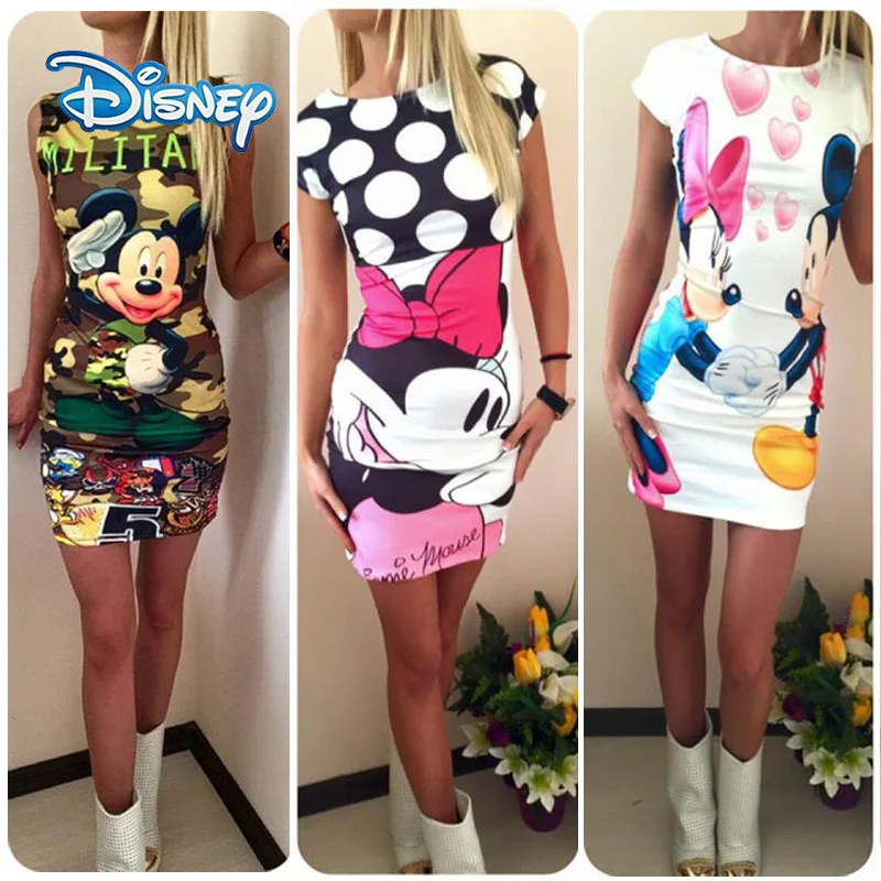 Disney – Vestido corto femenino de verano sin mangas con estampado, Minivestido con de Mickey y Mouse para mujer, corte ajustado, cuello redondo|Vestidos| - AliExpress