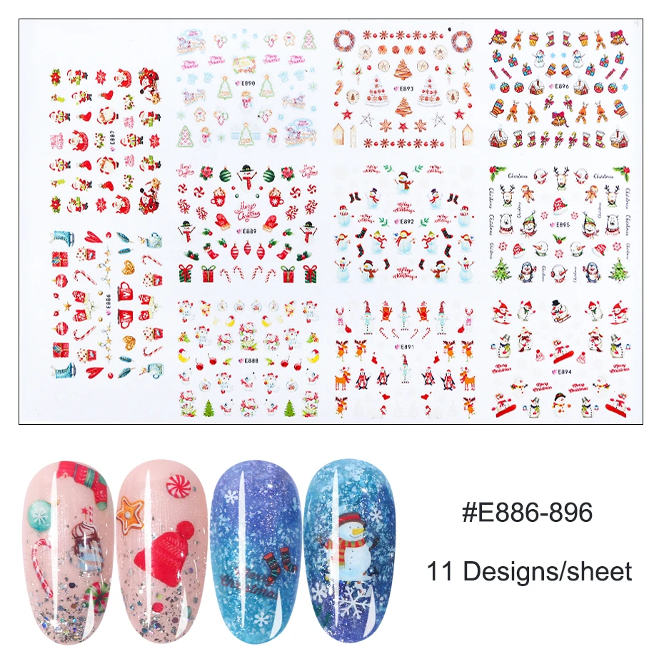 11 дизайнерских зимних рождественских наклеек для ногтей, смешанные снежинки, дерево, олень, буквы, 3D рождественские наклейки, слайдер для дизайна ногтей, декор BE1039