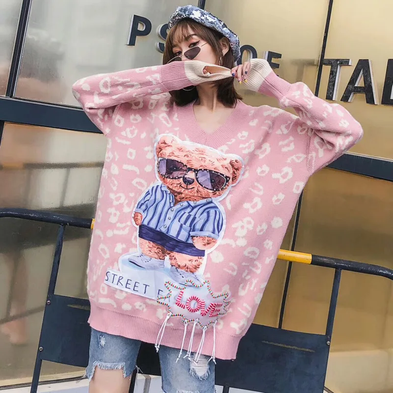 Women's Knit Sweater 2019 New Bottoming Shirt Female Sequin Cartoon Letter Lazy Wind Sweater Women Loosely Wear women sweater