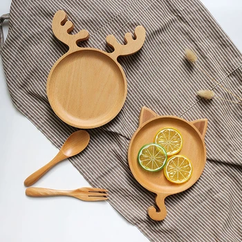 

Nordic Solid Wooden Food Tray Cartoon Pattern Fruit Plate Tray Snack Dishware Durable Storage Tray Kitchen Accessories