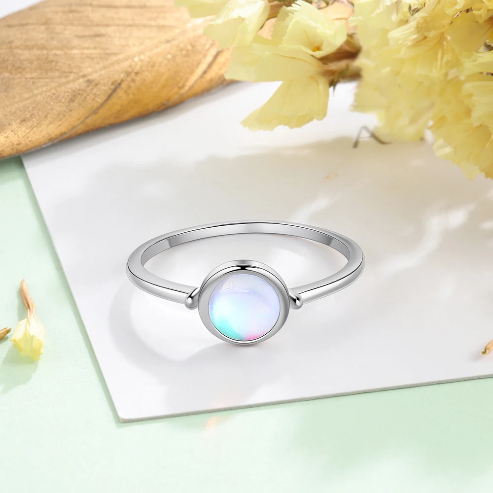 Silver Ring Round Moonstone Women Engagement Wedding Band 925 Sterling