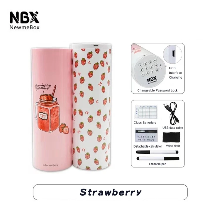 Newmebox Password Pencil Case Cartoon Pattern Pen Holder Large Capacity Stationery Box Coded Lock Home Office School Storage Bag - Color: Strawberry