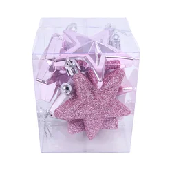 Set of 6 Five - Pointed Star Christmas Tree Hanging Ornaments - Festive Holiday Decorations (Pink)